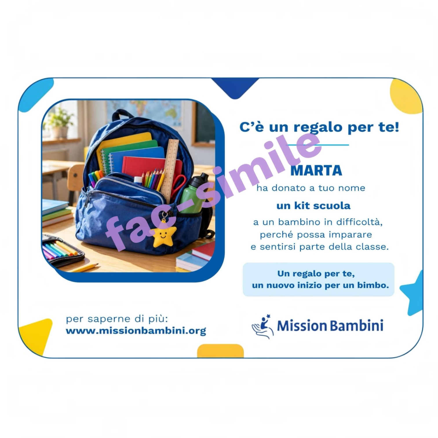 Attestato regalo solidale Kit Scuola di Mission Bambini