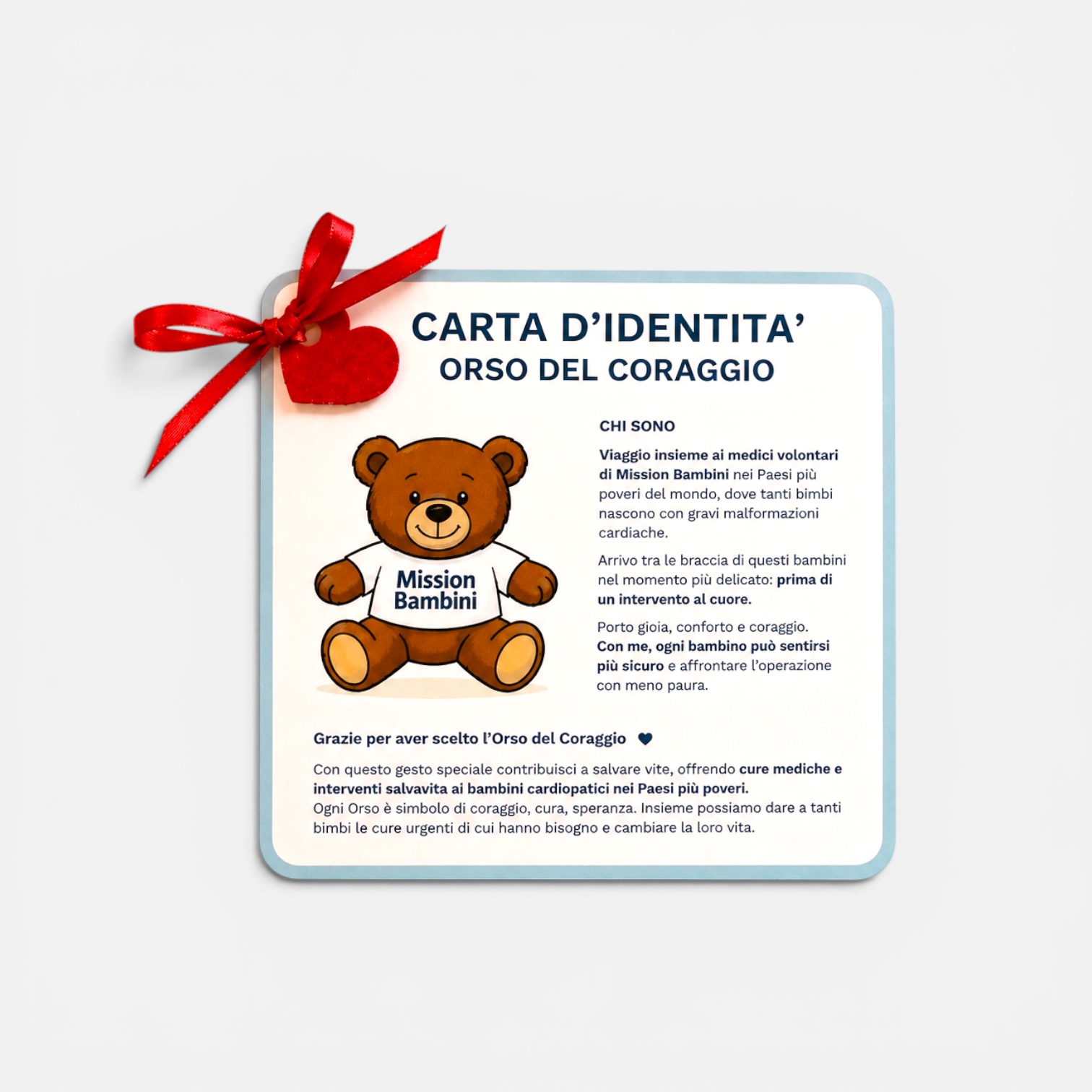 Carta d'identità illustrata dell'Orso del Coraggio abbinata all'orsetto di peluche solidale Mission Bambini.